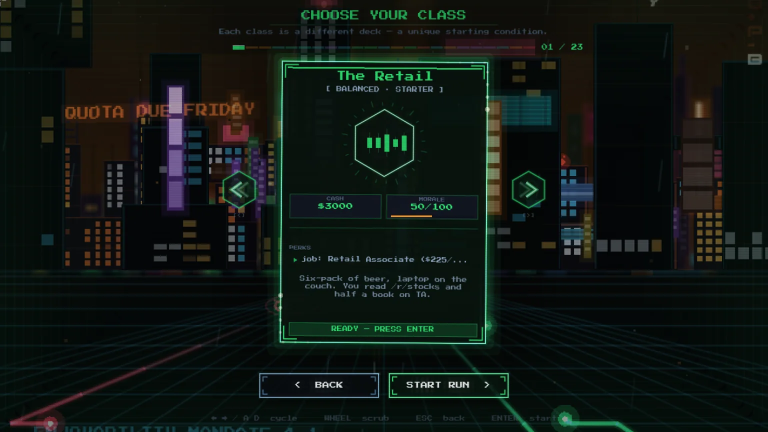 DOJI RUN class select carousel showing The Retail class card over a magnified neon city