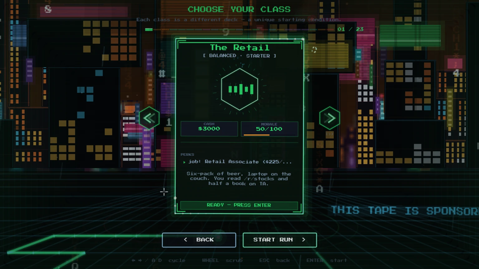 DOJI RUN class select screen showing The Retail class card