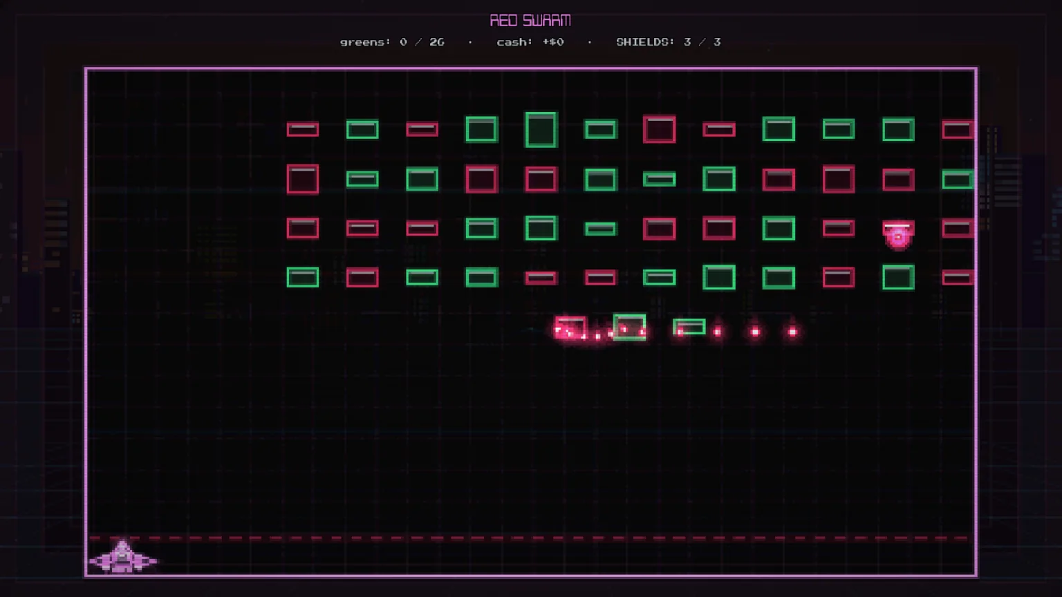 DOJI RUN Red Swarm after-market game, rows of candlestick invaders descending on a cannon