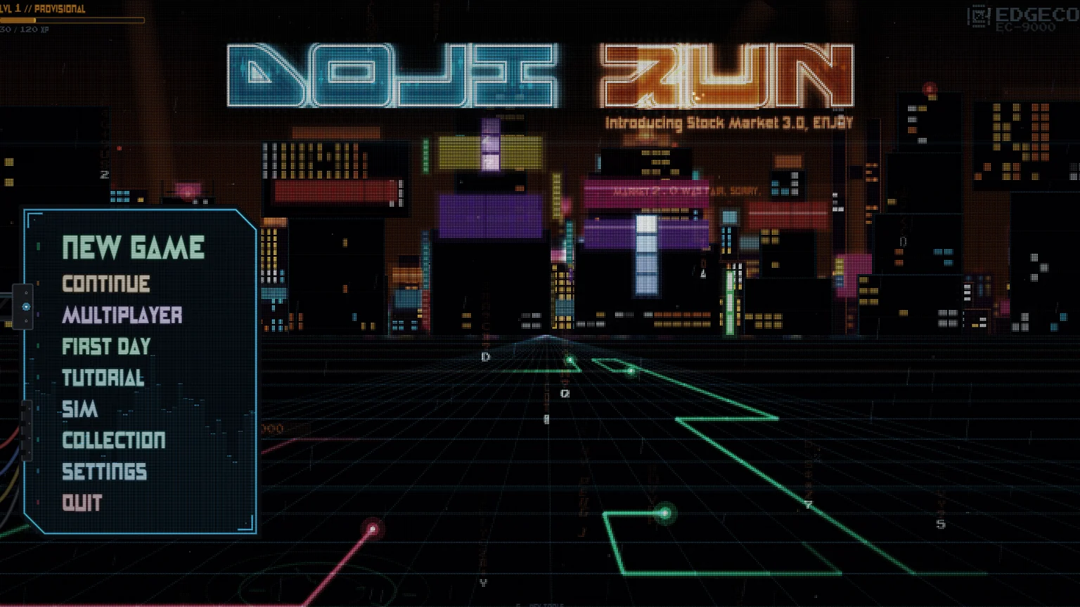 DOJI RUN main menu: the neon sign over a living pixel-art skyline