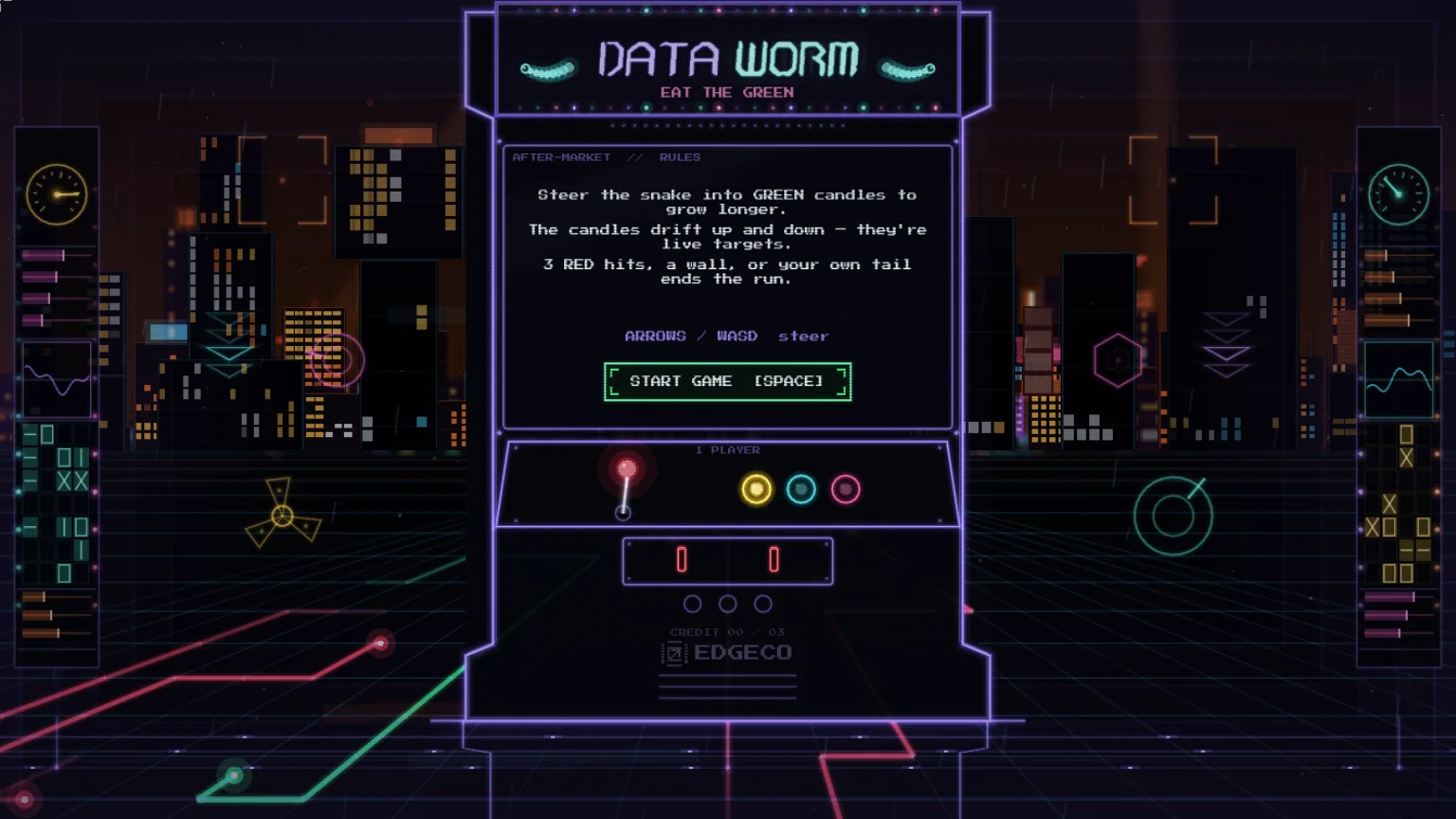 DOJI RUN Data Worm arcade cabinet in indigo neon
