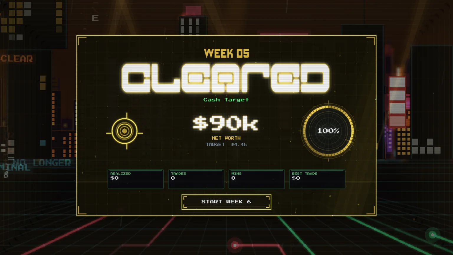 DOJI RUN week cleared screen, the word CLEARED in gold neon over the city