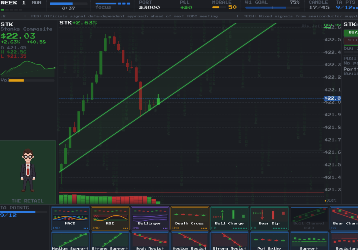 STONKS — pixel-art stock market roguelike gameplay